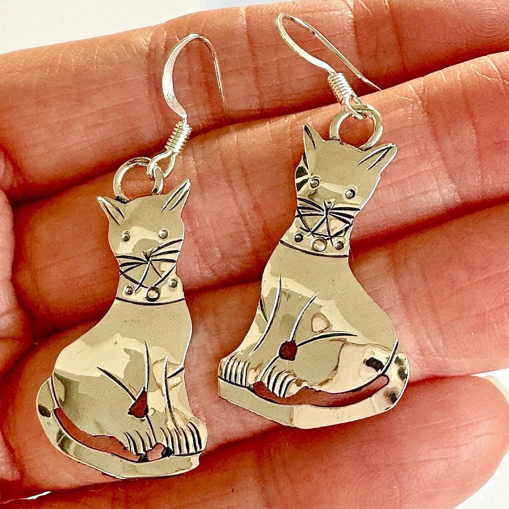 Kitty Cat Navajo Earrings 1.75in Sterling Signed Yazzie Native American Handmade